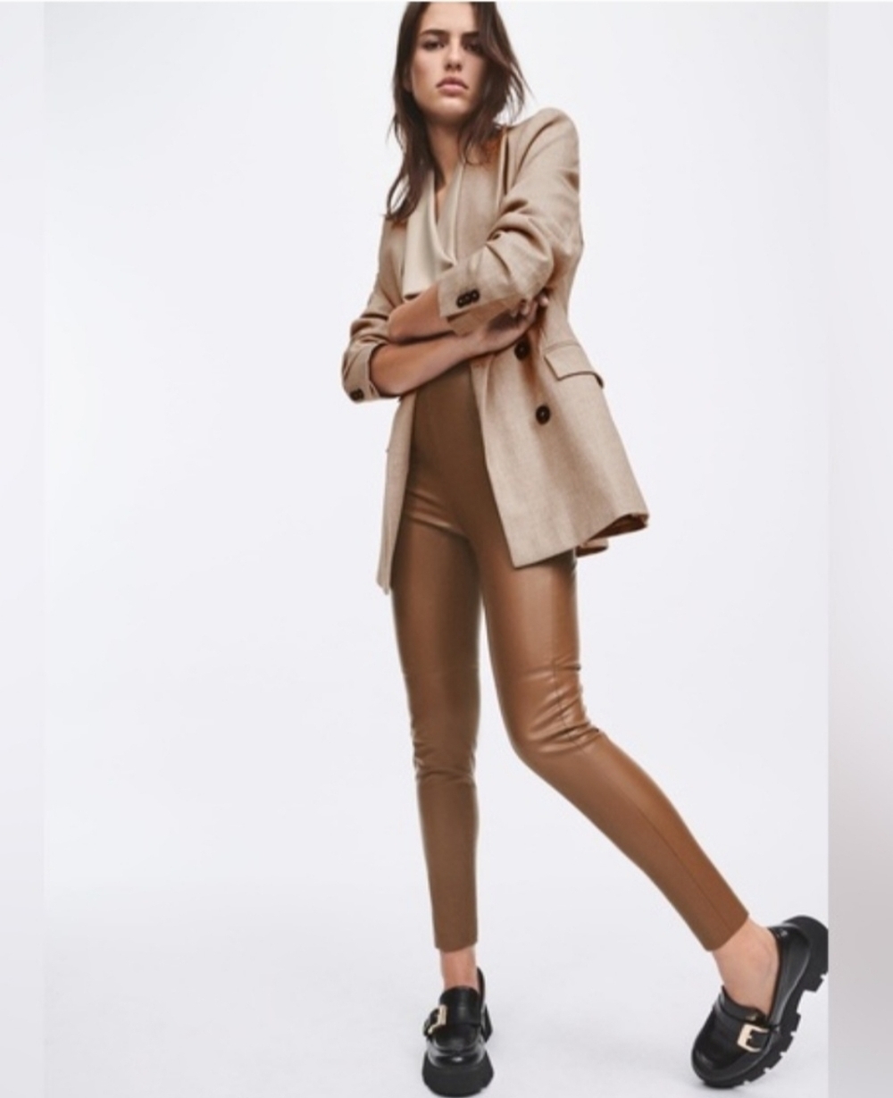 Zara ~Woman Size S~ Brown Legging High Waisted Faux Vegan Leather Skinny Pants.